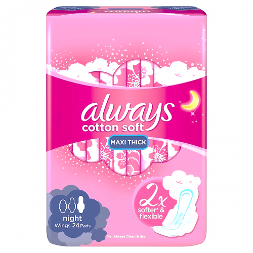 Always Cotton Soft Maxi Thick Night 24 Pads 2X Softer Flexible